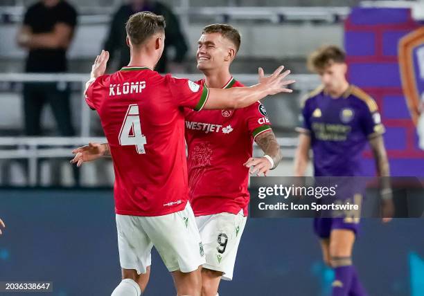 Cavalry forward Myer Bevan scores a goal and celebrates during the MLS soccer match between the Orlando City SC and Cavalry FC on February 27th, 2024...