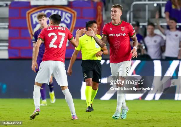 Cavalry forward Myer Bevan scores a goal during the MLS soccer match between the Orlando City SC and Cavalry FC on February 27th, 2024 at Inter & Co...