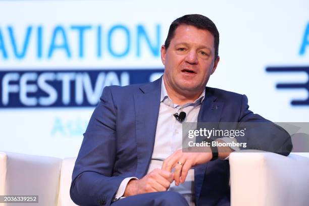 Pieter Elbers, chief executive officer of InterGlobe Aviation Ltd., speaks during the Aviation Festival Asia in Singapore, on Wednesday, Feb. 28,...