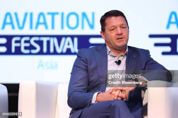 Pieter Elbers, chief executive officer of InterGlobe Aviation Ltd., speaks during the Aviation Festival Asia in Singapore, on Wednesday, Feb. 28,...