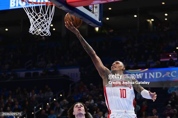 Jabari Smith Jr. #10 of the Houston Rockets puts up a shot at the rim during the first half against the Oklahoma City Thunder at Paycom Center on...