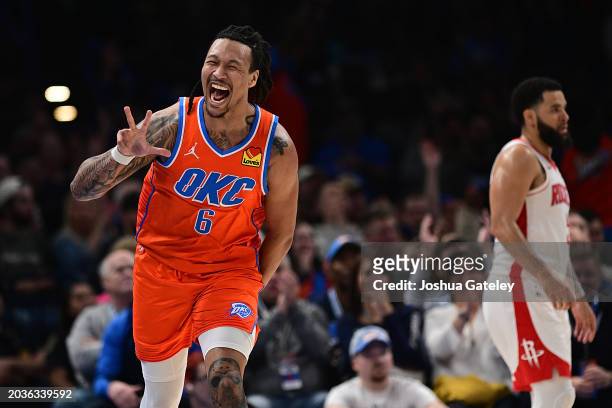 Jaylin Williams of the Oklahoma City Thunder celebrates after a made basket during the first half against the Houston Rockets at Paycom Center on...