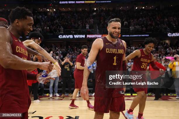 Max Strus of the Cleveland Cavaliers celebrates after the game winning shot against the Dallas Mavericks on February 27, 2024 at Rocket Mortgage...