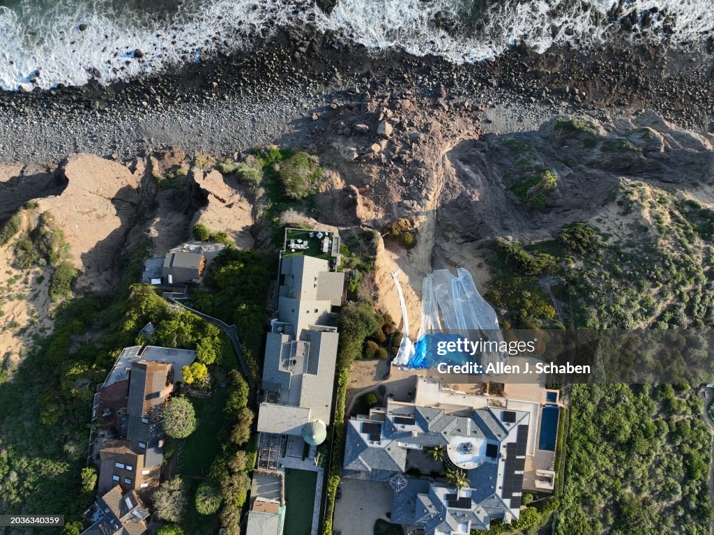 An aerial view of cliff-top houses along Scenic Drive and sit close to a landslide in Dana Point