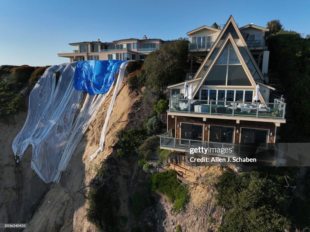 An aerial view of cliff-top houses along Scenic Drive and sit close to a landslide in Dana Point