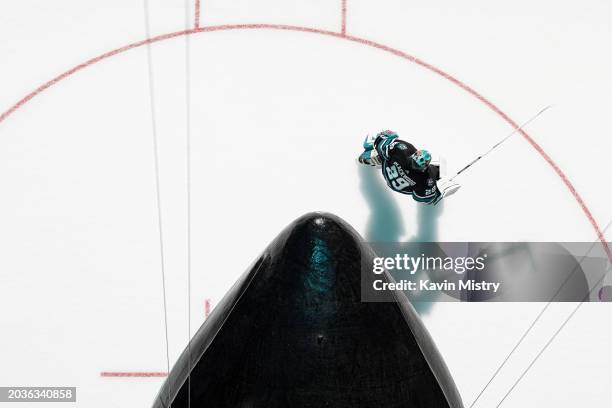 An overhead view as Mackenzie Blackwood of the San Jose Sharks takes the ice through the Shark Head before the game against the New Jersey Devils at...