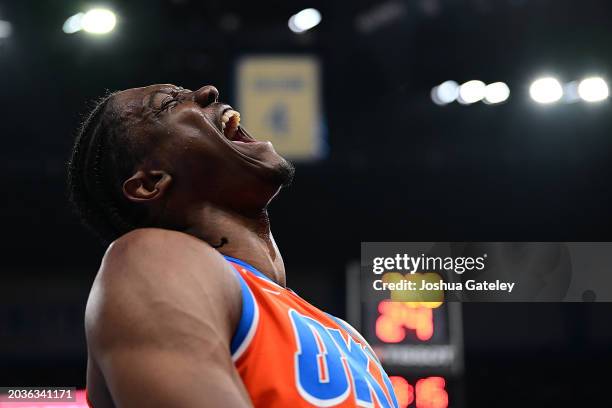 Jalen Williams of the Oklahoma City Thunder celebrates after a dunk during the second half against the Houston Rockets at Paycom Center on February...