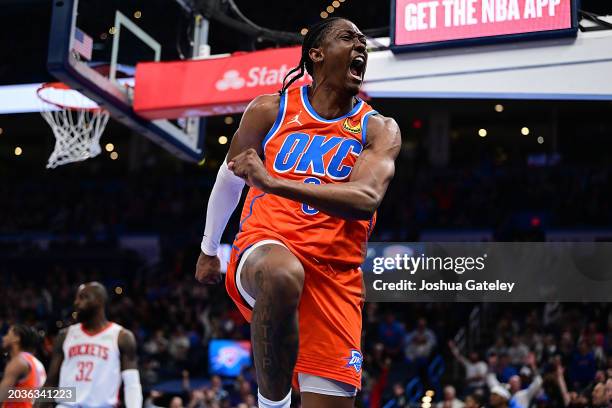 Jalen Williams of the Oklahoma City Thunder celebrates after a dunk during the second half against the Houston Rockets at Paycom Center on February...