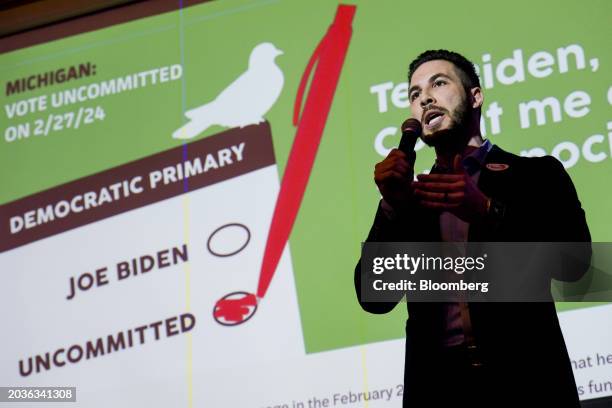 Abdullah Hammoud, mayor of Dearborn, speaks during an election night gathering hosted by Listen to Michigan, a group urging residents to vote...