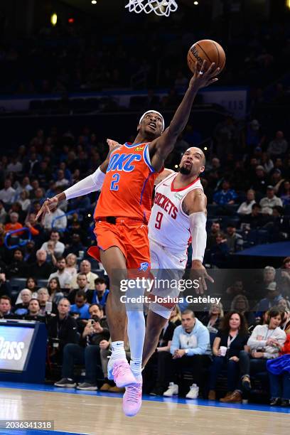 Shai Gilgeous-Alexander of the Oklahoma City Thunder goes to the rim during the second half against the Houston Rockets at Paycom Center on February...