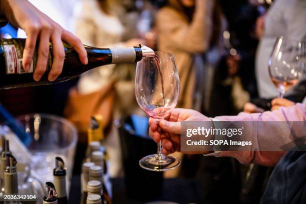 Worker pouring wine into a glass during the Essence of Wine event. Essência do Vinho commemorates its 20th-year milestone at the iconic Palácio da...