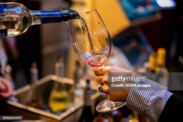 Worker pouring wine into a glass during the Essence of Wine event. Essência do Vinho commemorates its 20th-year milestone at the iconic Palácio da...