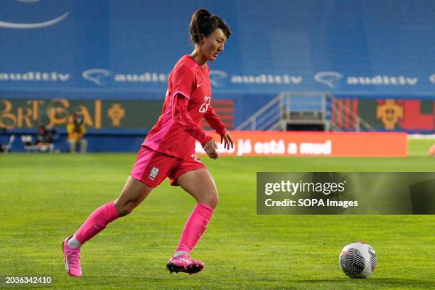 King Chae-rim of South Korea in action during Women's friendly football match between Portugal and South Korea at Estadio Antonio Coimbra da Mota....