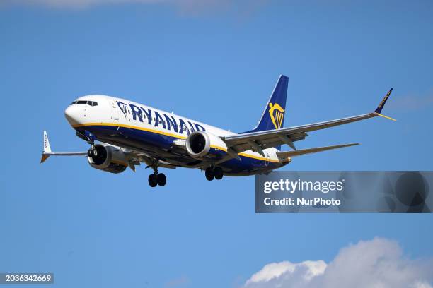 Boeing 737 MAX 8-200 from Ryanair is landing at Barcelona Airport in Barcelona, Spain, on February 23, 2024.