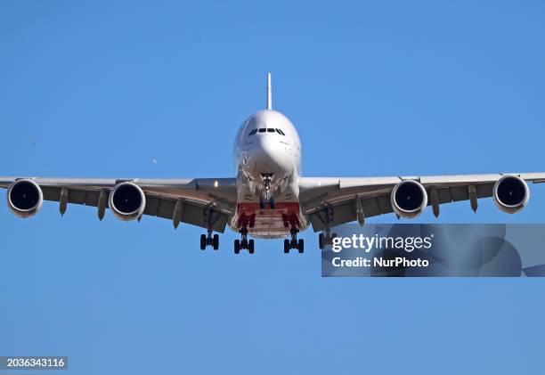 An Airbus A380-861 from Emirates is landing at Barcelona Airport in Barcelona, Spain, on February 23, 2024.