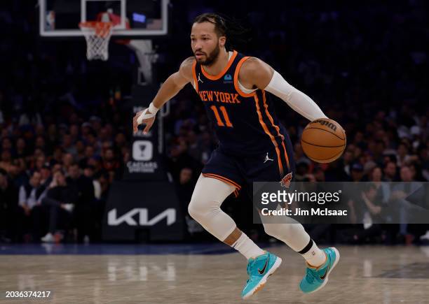 Jalen Brunson of the New York Knicks in action against the Denver Nuggets at Madison Square Garden on January 25, 2024 in New York City. The Knicks...