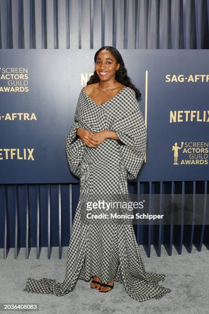 Ayo Edebiri attends the 30th Annual Screen Actors Guild Awards at Shrine Auditorium and Expo Hall on February 24, 2024 in Los Angeles, California.