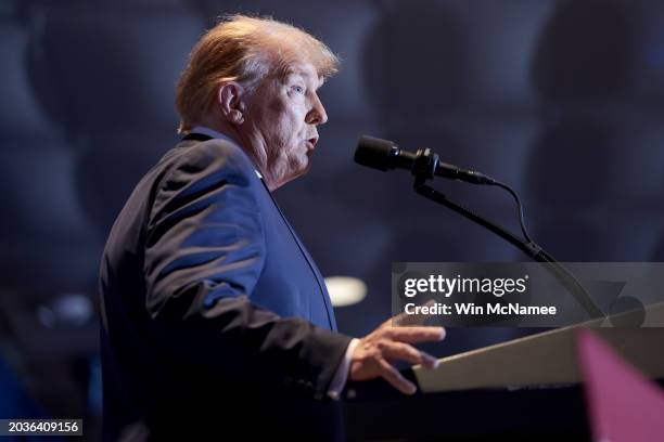 Republican presidential candidate and former President Donald Trump speaks during an election night watch party at the State Fairgrounds on February...