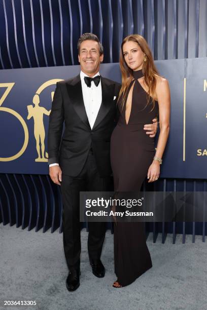 Jon Hamm and Anna Osceola attend the 30th Annual Screen Actors Guild Awards at Shrine Auditorium and Expo Hall on February 24, 2024 in Los Angeles,...