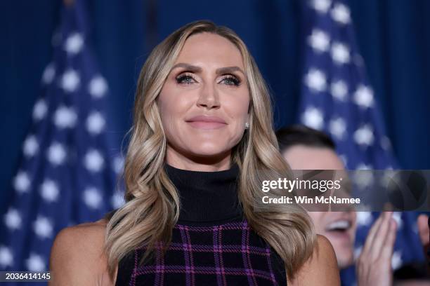 Lara Trump on stage as Republican presidential candidate and former President Donald Trump speaks during an election night watch party at the State...