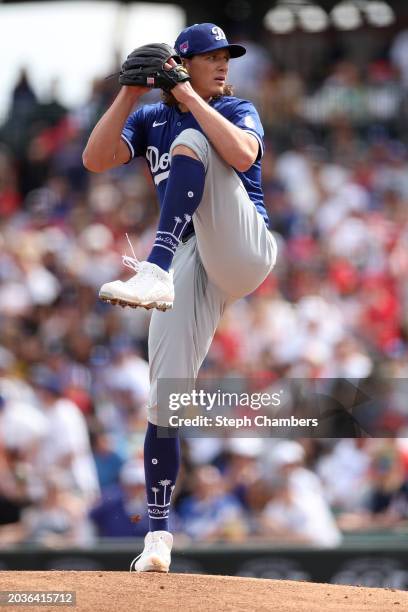 Tyler Glasnow of the Los Angeles Dodgers pitches against the Los Angeles Angels during a spring training exhibition at the Peoria Sports Complex on...