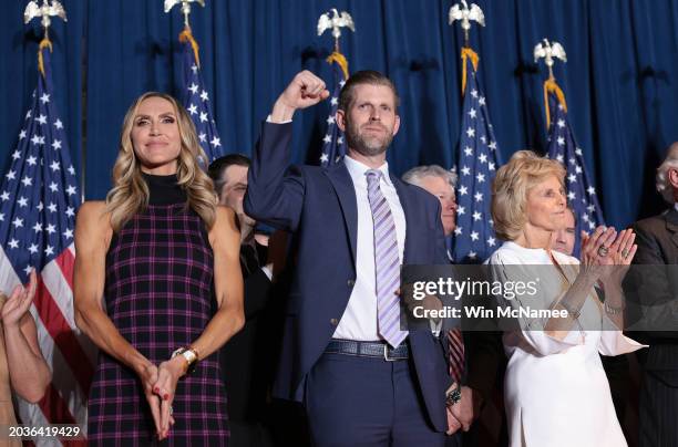 Laura Trump and Eric Trump cheer on Republican presidential candidate and former President Donald Trump speaks during an election night watch party...