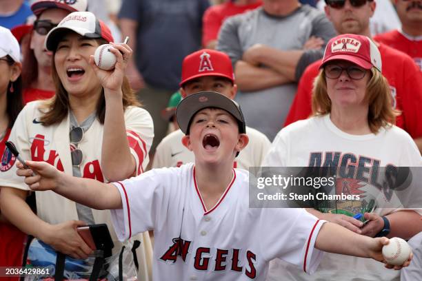Fans yell for autographs during a spring training exhibition between the Los Angeles Angels and the Los Angeles Dodgers at the Peoria Sports Complex...