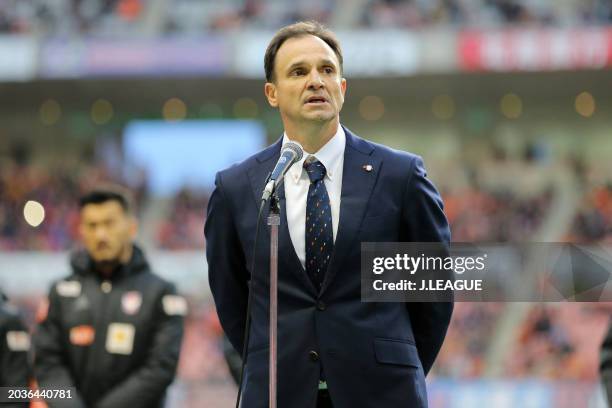 Head coach Wagner Lopes of Albirex Niigata speaks to fans after the final game of the season following the J.League J1 match between Albirex Niigata...