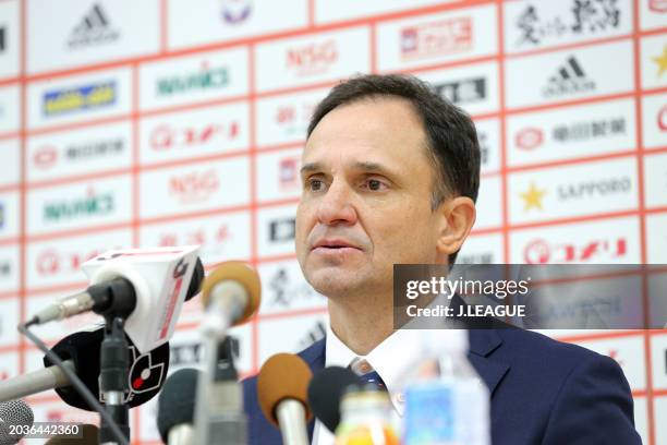 Head coach Wagner Lopes of Albirex Niigata speaks at the post match press conference after the J.League J1 match between Albirex Niigata and Cerezo...