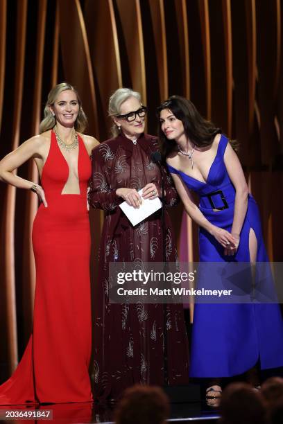 Emily Blunt, Meryl Streep, and Anne Hathaway speak onstage during the 30th Annual Screen Actors Guild Awards at Shrine Auditorium and Expo Hall on...