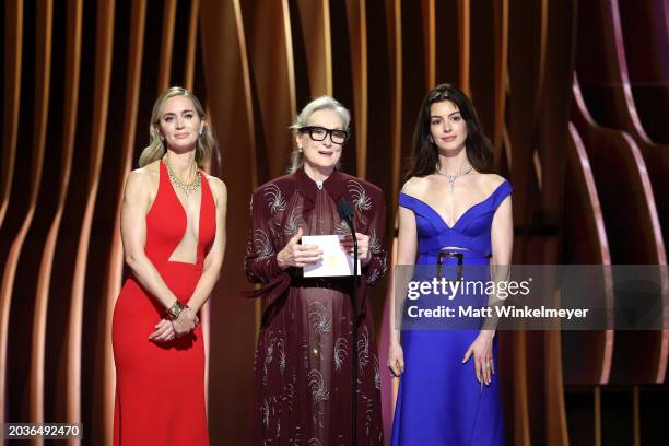 Emily Blunt, Meryl Streep, and Anne Hathaway speak onstage during the 30th Annual Screen Actors Guild Awards at Shrine Auditorium and Expo Hall on...