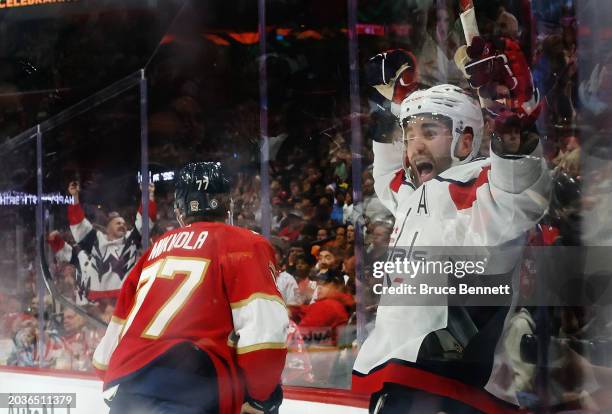 Tom Wilson of the Washington Capitals celebrates his goal at 10:11 of the third period against Anthony Stolarz of the Florida Panthers at Amerant...