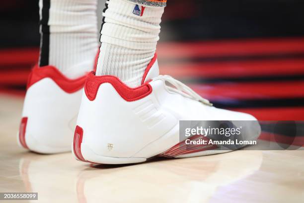 Shoes worn by Jerami Grant of the Portland Trail Blazers are seen during the fourth quarter of a game against the Denver Nuggets at Moda Center on...