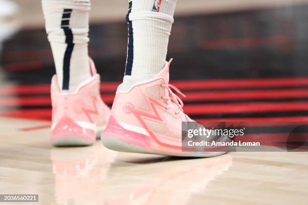 Shoes worn by Nikola Jokic of the Denver Nuggets are seen during the first quarter of a game against the Portland Trail Blazers at Moda Center on...