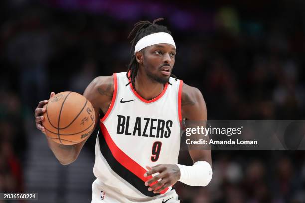 Jerami Grant of the Portland Trail Blazers plays during the first quarter against the Denver Nuggets at Moda Center on February 23, 2024 in Portland,...