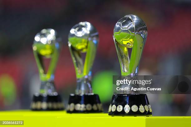 Team America displays on the field the last three trophies won prior the 8th round match between America and Cruz Azul as part of Torneo Clausura...