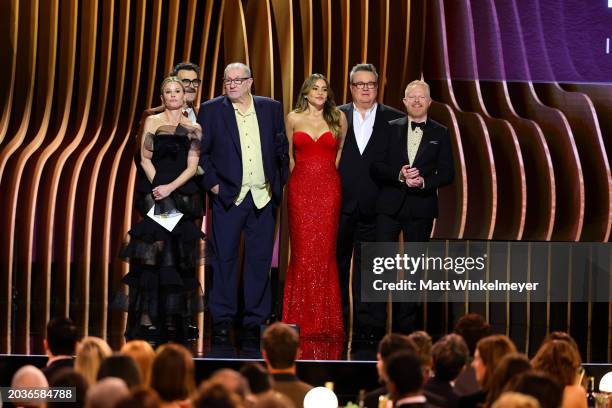 Julie Bowen, Ty Burrell, Ed O'Neill, Sofía Vergara, Eric Stonestreet, and Jesse Tyler Ferguson speak onstage during the 30th Annual Screen Actors...