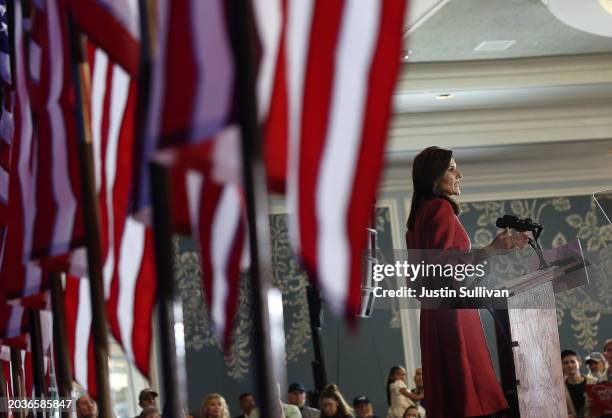 Republican presidential candidate, former U.N. Ambassador Nikki Haley, speaks during her primary election night gathering at The Charleston Place on...