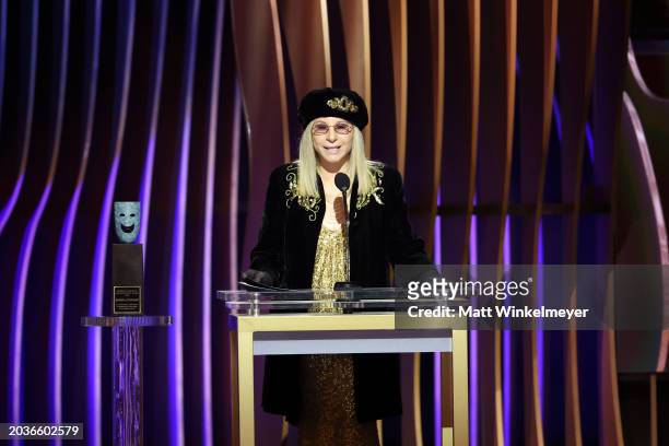 Barbra Streisand accepts the SAG Lifetime Achievement Award onstage during the 30th Annual Screen Actors Guild Awards at Shrine Auditorium and Expo...