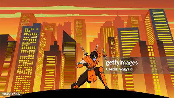 stockillustraties, clipart, cartoons en iconen met vector anime ninja in a cyberpunk city setting vector illustration - alleen volwassenen