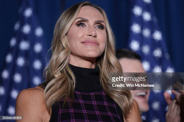 Lara Trump appears on stage as Republican presidential candidate and former President Donald Trump speaks during an election night watch party at the...