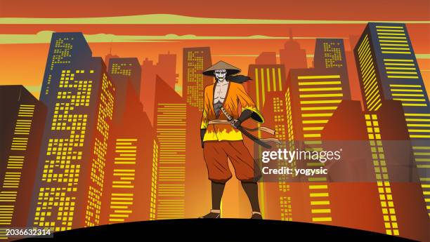 vector anime samurai in a cyberpunk city setting vector illustration - only japanese stock illustrations