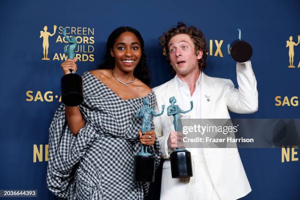 Ayo Edebiri and Jeremy Allen White, winners of the Outstanding Performance by a Female and Male Actor in a Comedy Series and Outstanding Performance...