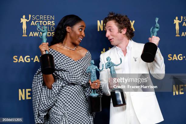Ayo Edebiri and Jeremy Allen White, winners of the Outstanding Performance by a Female and Male Actor in a Comedy Series and Outstanding Performance...