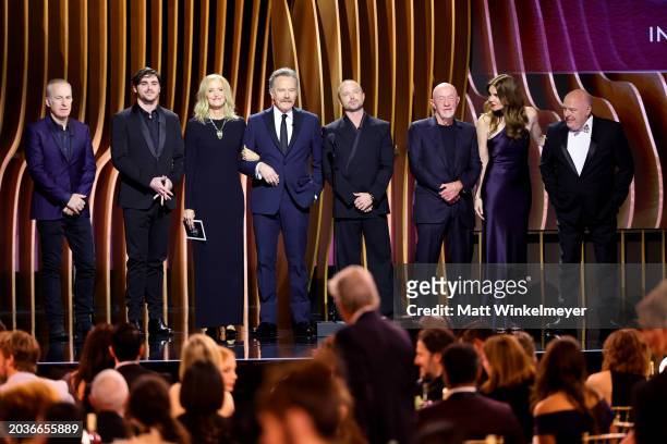 Bob Odenkirk, RJ Mitte, Anna Gunn, Bryan Cranston, Aaron Paul, Jonathan Banks, Betsy Brandt, and Dean Norris speak onstage during the 30th Annual...