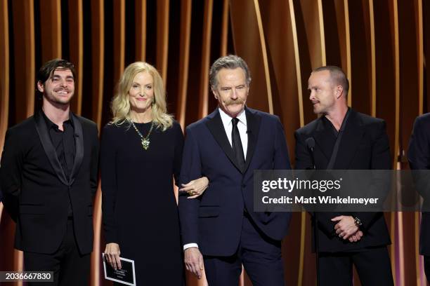 Mitte, Anna Gunn, Bryan Cranston, and Aaron Paul speak onstage during the 30th Annual Screen Actors Guild Awards at Shrine Auditorium and Expo Hall...