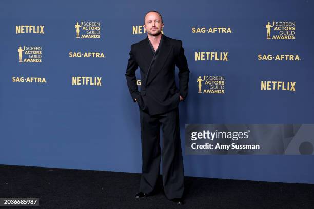Aaron Paul poses in the press room during the 30th Annual Screen Actors Guild Awards at Shrine Auditorium and Expo Hall on February 24, 2024 in Los...