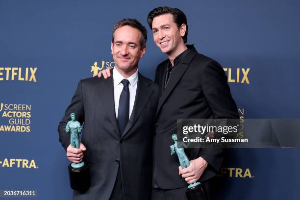 Matthew Macfadyen and Nicholas Braun, winners of the Outstanding Performance by an Ensemble in a Drama Series award for 'Succession' pose in the...