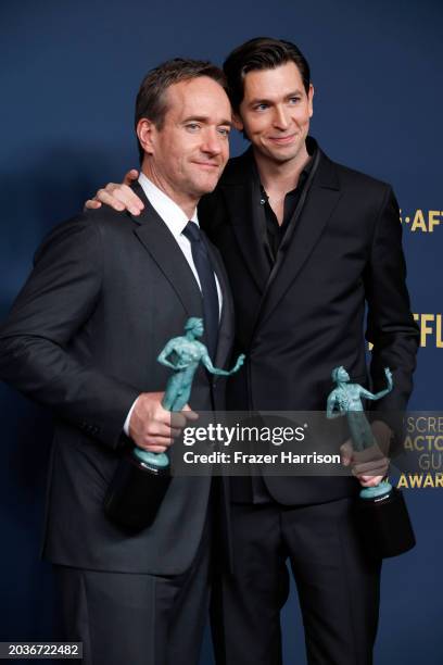 Matthew Macfadyen and Nicholas Braun, winners of the Outstanding Performance by an Ensemble in a Drama Series award for 'Succession' pose in the...