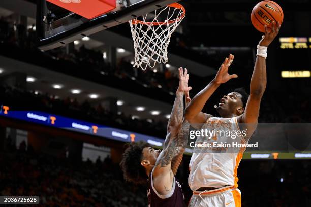 Tobe Awaka of the Tennessee Volunteers goes up for two over Andersson Garcia of the Texas A&M Aggies in the second half at Thompson-Boling Arena on...